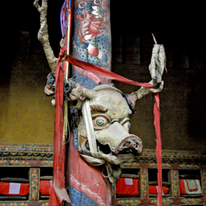 Festival mask and sacred books, Leh Palace