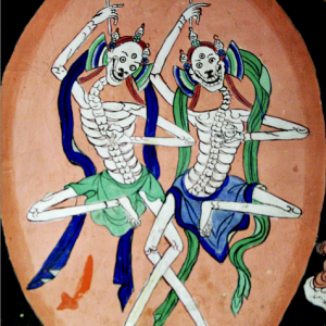Two skeletons dancing (Chitapati) painting in the Dukhang, Matho Gompa