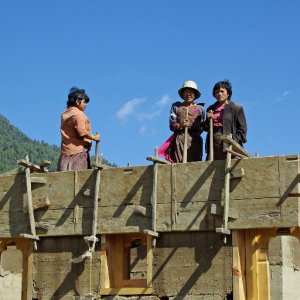 Bhutan - constructing a traditional building with packed earth walls