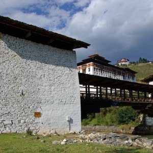 Traditional bridge, dzong and ta Dzong, Paro, Bhutan