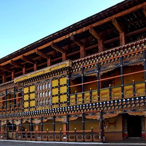 Colourful paintwork, Paro Dzong, Bhutan