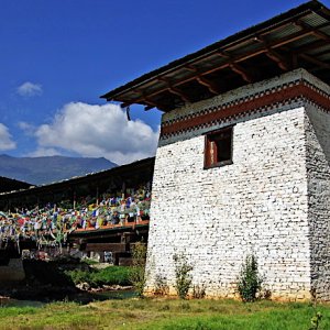 Traditional bridge across to the handicraft and clothes market, Thimphu, Bhutan