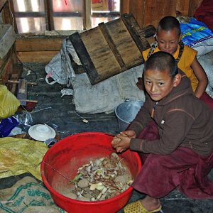 Young monks preparing lunch, Khewang Lhakhang, Phobjikha valley, Bhutan