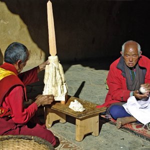 Preparing a ritual cake, Gangtey Gompa, Bhutan