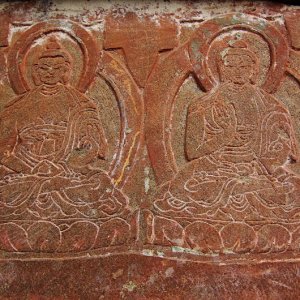 Carvings of the buddha, water driven prayer wheel, Shingkar Village, Bhutan