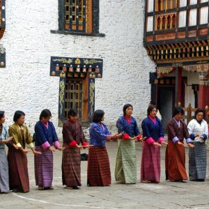 Village girls practising dance, Trashigang Dzong, Bhutan