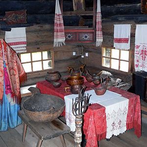 Kostroma, Museum of Wooden Architecture, home of middle class peasant - living room with red corner