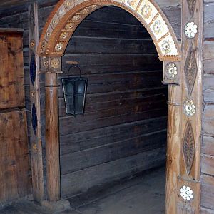 Kostroma, Museum of Wooden Architecture, prosperous family home - decorated doorway
