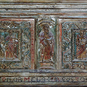 Church of St Herbot, carving of St Herbot and the apostles on the rood screen