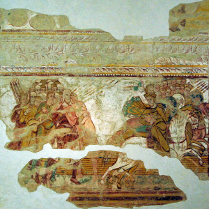 Abbey of Saint Savin - fresco of Abrahamleading an army against the cavalry who had captured Lot.png