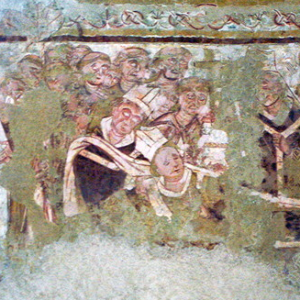Antigny,  Église Notre-Dame - fresco of funeral of a bishop.png