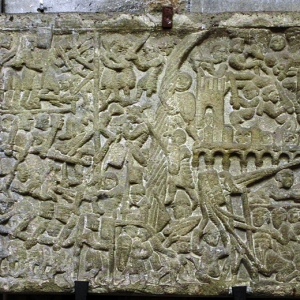 Carcassonne, Basilique St-Nazaire - siege stone depicting death of Simon de Montfort