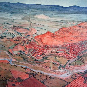 Picture of Chemtou in the Museum showing teh marble quarries scattered over the hillsides