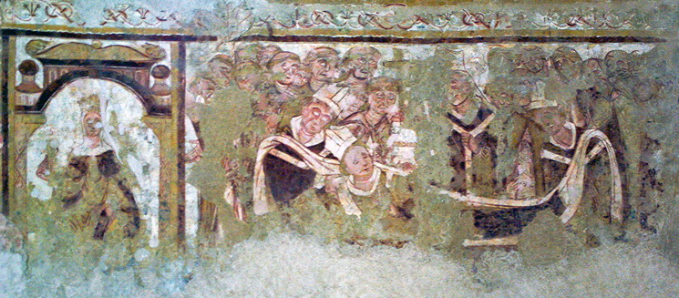 Antigny,  Église Notre-Dame - fresco of funeral of a bishop.png