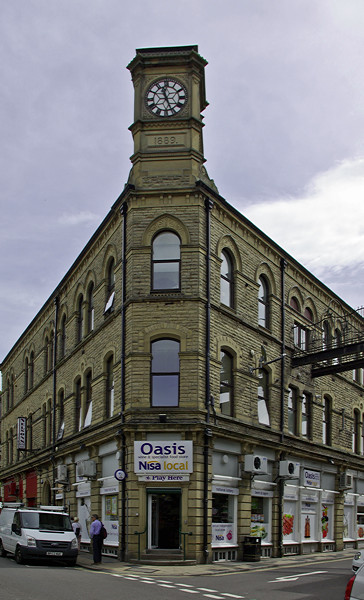 Clock tower on the Carlton Buildings in Crown Street, Hebden Bridge