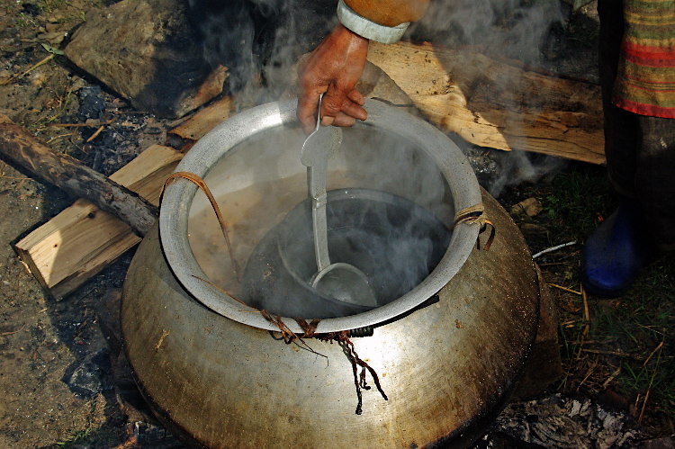 Distilling ara, Ura Lhakhang, Bhutan