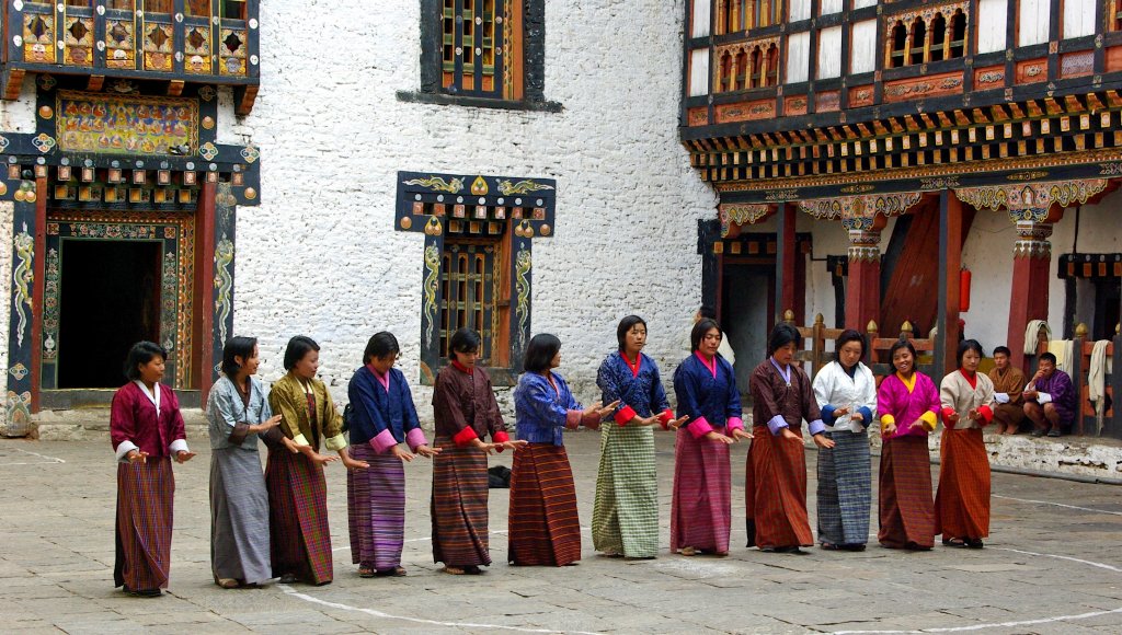 Village girls practising dance, Trashigang Dzong, Bhutan